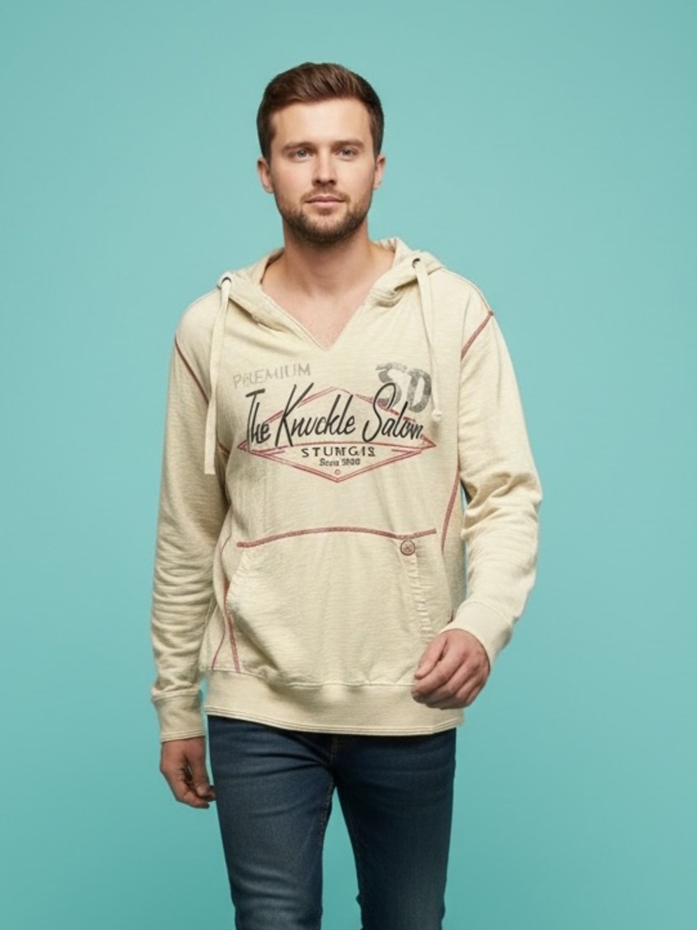 Premium Red Thread Sturgis The Knuckle Saloon Graphic Hoodie Cream Size M